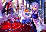  bat_wings blue_eyes blue_flower blue_rose boots braid china_dress chinese_clothes cirno cloak cup demon_girl derivative_work dress fang flower hakoiri_nekohime halloween hat head_wings high_heels hong_meiling hood izayoi_sakuya jack-o'-lantern koakuma maid multiple_girls pants patchouli_knowledge petals plate pumpkin purple_eyes purple_hair red_eyes red_hair rose rose_petals shoes silver_hair striped striped_legwear teacup thighhighs top_hat touhou twin_braids wings zettai_ryouiki 