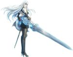  bare_shoulders boots detached_sleeves female full_body high_heels long_hair looking_back military military_uniform official_art pantyhose polearm red_eyes selvaria_bles senjou_no_valkyria senjou_no_valkyria_1 sheath shield silver_hair solo spear uniform weapon white_background 