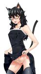  1girl animal_ears black_hair blush cat_ears cat_tail dress erect_nipples futanari glasses icebox no_panties open_mouth penis precum pussy skirt skirt_lift solo tail thighhighs vagina yellow_eyes 