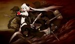  apple axe bare_legs bare_shoulders creature detached_sleeves dwarf_(grimm) food fruit grimm's_fairy_tales gun hood horns midriff navel original polearm puretails red_eyes shield short_hair smile snow_white snow_white_(grimm) spear sword weapon white_hair 