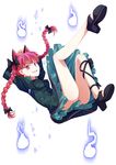  animal_ears braid cat_ears cat_tail dress fang floating ghost green_dress highres hitodama kaenbyou_rin legs multiple_tails nekomata no_socks open_mouth red_eyes red_hair solo tail touhou tri twin_braids twintails upskirt 
