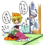  animal_ears blonde_hair blush chibi cleaning closed_eyes dress ear_wiggle green_hair grey_hair hair_ornament hand_on_head jealous kasodani_kyouko lap_pillow mimikaki mouse mouse_ears multiple_girls nazrin ogakuru open_mouth pink_dress smile toramaru_shou touhou translated yellow_eyes 