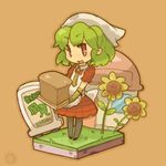  apron bad_id bad_pixiv_id bakery baking bread chibi dress flower food green_hair hat katsudansou kazami_yuuka pantyhose red_dress shop smile solo sunflower touhou 