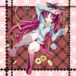  boots checkerboard_cookie cookie dango doughnut eating food jacket kori_(etinop) long_hair looking_at_viewer mahou_shoujo_madoka_magica mitarashi_dango mouth_hold orange_eyes pocky ponytail purple_hair red_hair sakura_kyouko shorts skewer smile solo taiyaki wagashi 