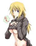  blonde_hair bottomless breasts charlotte_dunois frown infinite_stratos large_breasts long_hair mister_(black_and_white) naked_sweater navel purple_hair solo sweater turtleneck underboob 