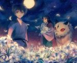  1girl bad_id bad_pixiv_id black_hair brother_and_sister brown_eyes flower full_moon inuyasha japanese_clothes kirara_(inuyasha) kohaku_(inuyasha) long_hair mg_(mica) moon night night_sky petals sango siblings sky smile star star_(sky) starry_sky 