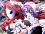  1girl arm_warmers checkered checkered_background facial_mark green_eyes hat john_doe_(yumekui_merry) kokutou_nikke mask merry_nightmare midriff navel purple_hair ribbon short_hair skirt striped striped_legwear thighhighs yumekui_merry zettai_ryouiki 