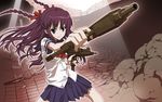  braid dual_wielding foreshortening gun hair_ribbon holding hoshimura_makina imi_uzi long_hair nyoro_(nyoronyoro000) purple_eyes purple_hair ribbon school_uniform serafuku shikabane_hime solo submachine_gun twin_braids weapon 