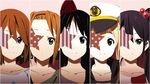  akiyama_mio black_hair blonde_hair blue_eyes bow brown_eyes brown_hair earrings hair_bow hairband hat highres hirasawa_yui jewelry k-on! kotobuki_tsumugi listen!! long_hair multiple_girls nakano_azusa nano_(sonanyl) peaked_cap star tainaka_ritsu 