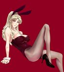  akabi_(alaburu) animal_ears artist_request balalaika black_lagoon blonde_hair blue_eyes breasts bunny_ears bunnysuit cleavage fishnets high_heels large_breasts long_hair pantyhose pixiv_thumbnail resized scar shoes simple_background sitting smile solo 