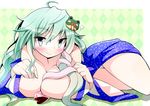  bad_id bad_pixiv_id between_breasts blood blush breast_squeeze breasts deep_skin detached_sleeves dress frog givuchoko green_eyes green_hair highres kochiya_sanae large_breasts lying nosebleed on_stomach open_clothes open_dress panties smile snake solo striped striped_panties touhou underwear 