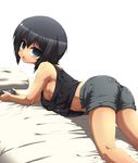  ass bed black_eyes black_hair blue_eyes breasts handheld_game_console md5_mismatch minami-ke minami_touma nipple_slip nipples open_mouth playstation_portable short_hair shorts sideboob small_breasts solo tank_top tokyo_(great_akuta) 