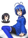  black_legwear blue_hair blue_legwear blush cosplay hayashiya_zankurou highres hirasawa_yui imaichi_moenai_ko imaichi_moenai_ko_(cosplay) k-on! kneehighs kobe_shinbun multiple_girls nakano_azusa open_mouth pantyhose round_teeth short_hair sitting teeth thighband_pantyhose thighhighs thighhighs_over_pantyhose yellow_eyes 