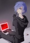  bad_id bad_pixiv_id black_coat_(kingdom_hearts) blue_eyes blue_hair computer gloves highres kingdom_hearts laptop male_focus okitsune_(okitsune-sama) sitting solo zexion 