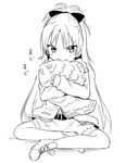  bad_id bad_pixiv_id biting blush food gochou_(atemonai_heya) greyscale indian_style mahou_shoujo_madoka_magica monochrome mouth_hold oversized_object sakura_kyouko sitting sketch solo taiyaki wagashi 