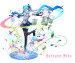  aqua_hair black_rock_shooter boots closed_eyes darkers detached_sleeves hatsune_miku headphones headset highres koi_wa_sensou_(vocaloid) long_hair mikupa music navel necktie niconico singing skirt smile solo songover thigh_boots thighhighs twintails very_long_hair vocaloid yellow_(vocaloid) zettai_ryouiki 