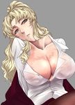  akabi_(alaburu) balalaika_(black_lagoon) black_lagoon blonde_hair blue_eyes breasts cleavage collarbone large_breasts long_hair mole mole_under_eye open_clothes open_shirt pantyhose scar shirt solo 