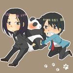  black_hair blue_eyes carrying clenched_teeth gantz hoi_hoi izumi_shion long_hair lowres necktie nishi_joichiro nishi_jouichirou panda school_uniform short_hair teeth 