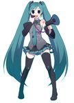  aqua_eyes aqua_hair bad_id bad_pixiv_id black_legwear hatsune_miku highres long_hair megaphone momo_uzura open_mouth simple_background smile solo thighhighs twintails very_long_hair vocaloid 