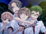  artist_request black-framed_eyewear black_hair blush brown_hair character_request collared_shirt game_cg glasses green_eyes green_hair hair_between_eyes male_focus miyaji_ryunosuke multiple_boys open_mouth shirt short_sleeves starry_sky_(game) upper_body white_shirt 