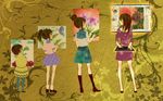  age_progression art_brush brown_hair child gray312 hair_bun highres multiple_girls multiple_persona original paintbrush painting painting_(object) school_uniform tablet 