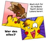  brown brown_eyes eevee face_markings german_text pikachu pok&eacute;mon red_eyes takiro unknown_artist 