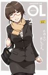  bag brand_name_imitation brown_eyes brown_hair comic_lo formal glasses handbag ina_(gokihoihoi) jacket office_lady original pantyhose parody pencil_skirt scarf short_hair skirt skirt_suit smile solo suit 