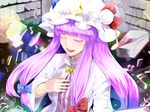  book bow closed_eyes colored_eyelashes crescent eyelashes hair_bow hat inugami_akito long_hair music musical_note open_mouth patchouli_knowledge purple_hair sidelocks singing solo touhou 
