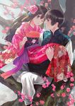  1girl axis_powers_hetalia bad_id bad_pixiv_id black_hair blue_eyes brown_eyes brown_hair carrying couple floral_print flower hair_flower hair_ornament hetero in_tree japan_(hetalia) japanese_clothes kimono long_hair nature one_eye_closed princess_carry short_hair sitting sitting_in_tree tabi taiwan_(hetalia) tree tuzumi 