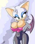  bat big_breasts breasts elbow_gloves female green_eyes hair looking_at_viewer mobian rouge_the_bat short_hair solo sonic_(series) standing t03nemesis tight_clothing white white_hair wings 