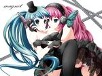  aqua_eyes aqua_hair breast_press breasts bug butterfly fingerless_gloves gloves hat hatsune_miku headphones insect long_hair magnet_(vocaloid) medium_breasts megurine_luka mini_hat mini_top_hat multiple_girls panties pink_hair rinereeto striped striped_panties symmetrical_docking thighhighs top_hat twintails underwear very_long_hair vocaloid yuri 