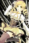  bad_id bad_pixiv_id beret blonde_hair boots corset detached_sleeves drill_hair fingerless_gloves gloves gun hat highres magical_musket mahou_shoujo_madoka_magica modoromi puffy_sleeves rifle solo thighhighs tomoe_mami weapon yellow_eyes zettai_ryouiki 