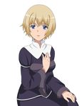  blonde_hair blue_eyes face habit hand_on_own_chest highres nun orsola_aquinas short_hair sitting smile_(rz) solo to_aru_majutsu_no_index vector_trace 
