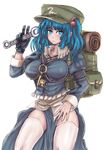  absurdres backpack bad_id bad_pixiv_id bag blue_eyes blue_hair combination_wrench gloves hair_bobbles hair_ornament hat highres kawashiro_nitori key panzer short_hair solo thighhighs touhou two_side_up white_legwear wrench 