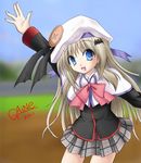  blonde_hair blue_eyes bow cape fang gaine_(artist) hat little_busters! long_hair noumi_kudryavka pink_bow plaid plaid_skirt skirt solo waving 