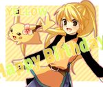  belt blonde_hair brown_eyes chuchu_(pokemon) english flower gen_1_pokemon hair_flower hair_ornament happy_birthday long_hair mokorei open_mouth pikachu pokemon pokemon_(creature) pokemon_special ponytail smile yellow_(pokemon) 