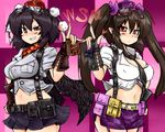  adapted_costume belt black_hair black_wings breasts brown_hair cellphone fingerless_gloves garter_belt gloves goggles goggles_on_head grin hand_on_hip hat himekaidou_hatate holster large_breasts long_hair looking_at_viewer midriff multiple_girls nail_polish necktie notepad okiraku_nikku phone red_eyes shameimaru_aya short_hair skirt smile symmetrical_hand_pose symmetry tokin_hat touhou twintails wings 