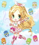  blonde_hair boots bow braid chibi choker cure_rhythm dory dress earrings eighth_note eyelashes fairy_tone fantastic_belltier fary full_body green_eyes hair_ribbon happy heart hiyopuko jewelry knee_boots lary long_hair magical_girl midriff minamino_kanade miry musical_note navel pink_bow precure rery ribbon sory staff_(music) suite_precure tiry treble_clef white_choker wrist_cuffs 
