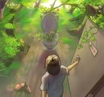  bad_id bad_pixiv_id bird_nest brown_hair bush door esukee flower male_focus open_door original shoes solo toilet tree 