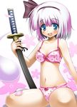  black_hairband blue_eyes bra ghost hairband hitodama katana konpaku_youmu konpaku_youmu_(ghost) lingerie mocchi navel panties petals print_bra print_panties scabbard sheath short_hair silver_hair sitting solo stomach sword touhou underwear underwear_only wariza weapon 