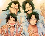  ance black_eyes black_hair closed_eyes facial_hair family father_and_son freckles gol_d_roger long_hair male_focus monkey_d_dragon monkey_d_luffy multiple_boys mustache one_piece portgas_d_ace scar smile tattoo v what_if 