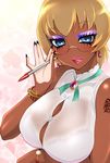  :p bare_shoulders blonde_hair blue_eyes breasts cleavage dark_skin earrings eyeshadow ganguro glasses huge_breasts lipstick makeup open_mouth pen see_through seethrough short_hair tan tattoo teacher tongue watch 