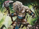  armor axe blood blue_eyes collar feline forest hair jungle lion loincloth looking_at_viewer magic_the_gathering male mammal muscles necklace one-eyed planeswalker scar solo tattoo tiger topless tree tribal underwear wayne_reynolds weapon white_hair wizards_of_the_coast wood 