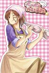  ;q apron bad_id bad_pixiv_id baking brown_eyes brown_hair chocolate cooking cream food food_on_face head_scarf highres one_eye_closed original pastry_bag short_hair sleeves_rolled_up solo star tongue tongue_out yoropa 