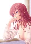  breasts candy cleavage eating female kanata_daiki large_breasts lollipop long_hair mouth_hold open_clothes open_mouth open_shirt original purple_eyes red_hair shirt solo 