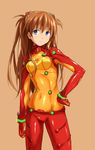  blue_eyes bodysuit brown_hair chikuyama evangelion:_2.0_you_can_(not)_advance hand_on_hip long_hair multicolored multicolored_bodysuit multicolored_clothes neon_genesis_evangelion orange_bodysuit plugsuit rebuild_of_evangelion red_bodysuit shikinami_asuka_langley solo souryuu_asuka_langley test_plugsuit 