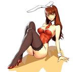  alternate_color animal_ears bad_id bad_pixiv_id breasts brown_hair bunny_ears bunny_girl bunnysuit cameltoe copyright_request covered_nipples delta_zone fishnet_legwear fishnets large_breasts long_hair necktie orange_eyes sitting solo thighhighs wrist_cuffs 