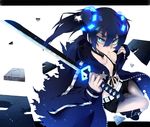  bad_id bad_pixiv_id belt bikini_top black_hair black_rock_shooter black_rock_shooter_(character) blue_eyes boots broken coat glowing hajime_kaname long_hair midriff navel rock shorts solo star sword symbol-shaped_pupils twintails weapon 