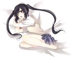  barefoot black_hair brown_eyes k-on! long_hair lying nakano_azusa on_side school_uniform shuri_(9818) solo twintails 