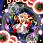  :d blonde_hair blush covering covering_crotch danmaku dress dress_tug fangs flandre_scarlet flying hand_on_headwear hat hexagram looking_at_viewer magic_circle mary_janes mount_whip open_mouth red_eyes revision shoes short_hair smile solo thighhighs touhou white_legwear wings 